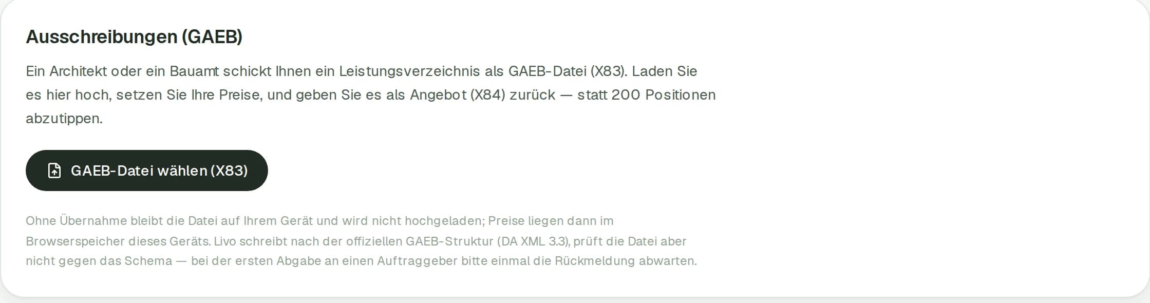 Ausschreibungen-GAEB-Karte mit Erklärtext und Knopf GAEB-Datei wählen (X83)