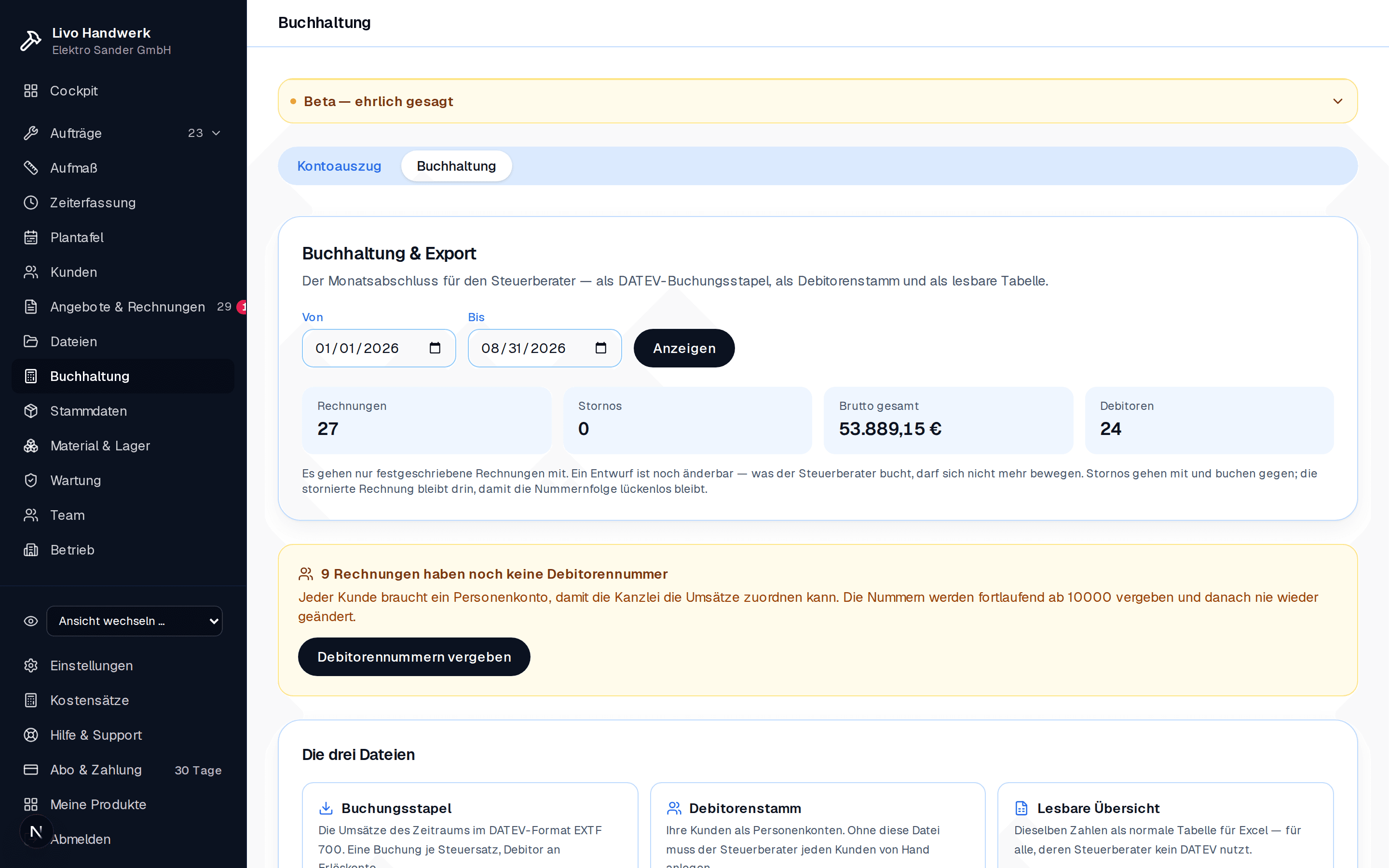 Buchhaltungsübersicht mit Zeitraum, Rechnungen, Stornos, Bruttosumme und den drei Exportdateien