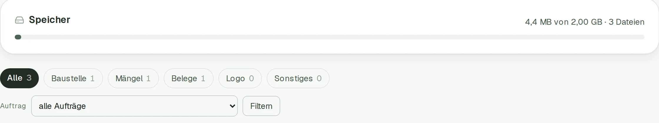 Speicherübersicht mit 3 Dateien und Kategorien Baustelle, Mängel, Belege, Logo