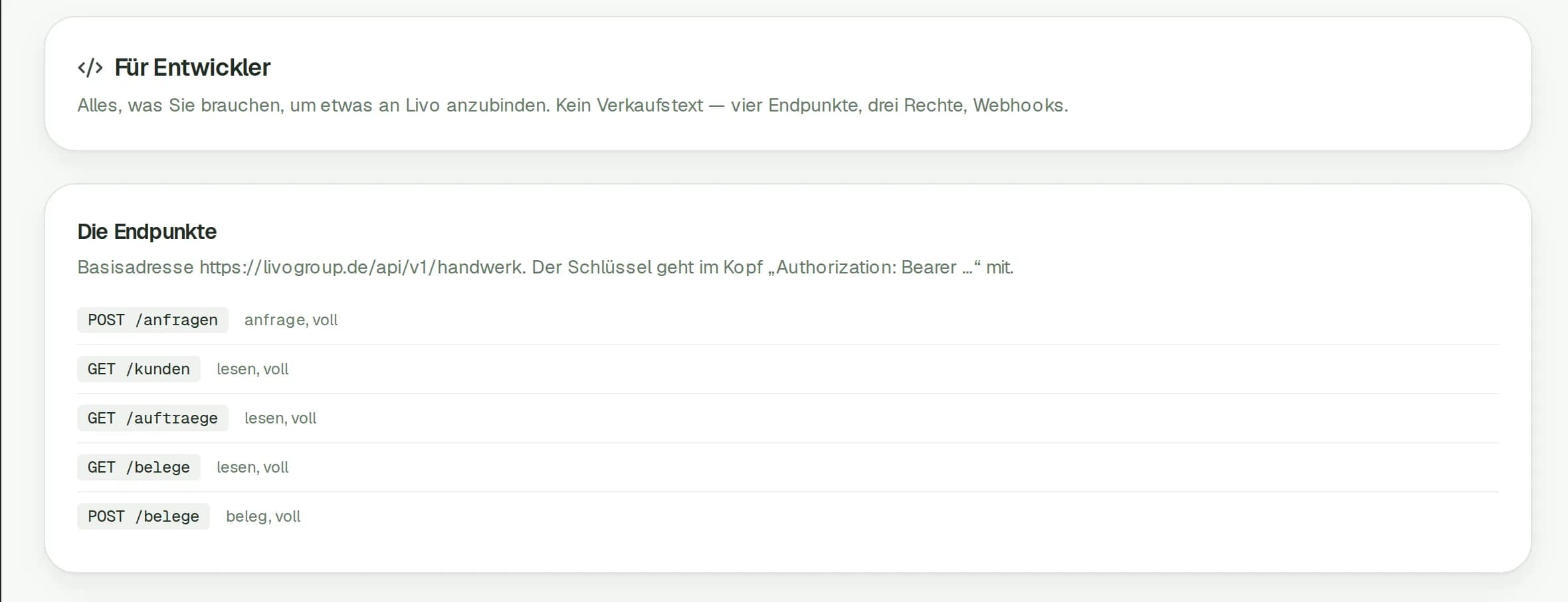 Entwicklerseite: die vier Endpunkte (Anfragen, Kunden, Aufträge, Belege) mit Basisadresse und den benötigten Rechten