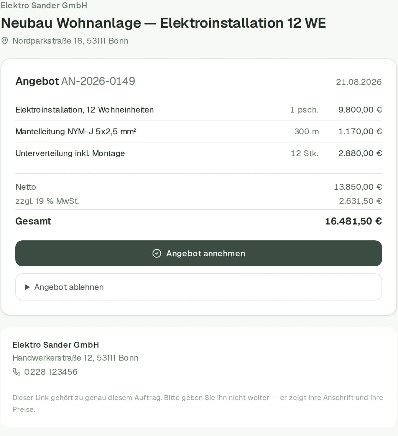 Kundenportal ohne Konto: Angebot mit Positionen, Summe und dem Knopf „Angebot annehmen“
