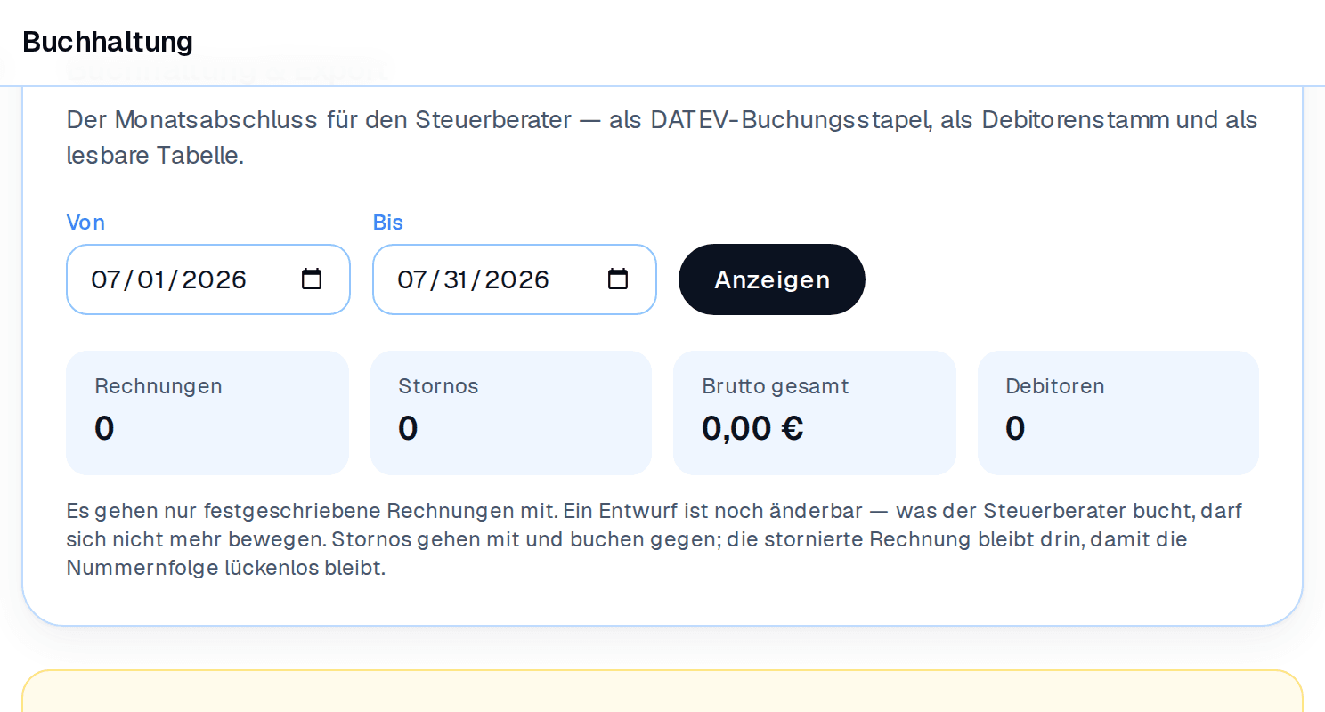 Der DATEV-Export ist gesperrt, bis Beraternummer und Mandantennummer einmal hinterlegt sind