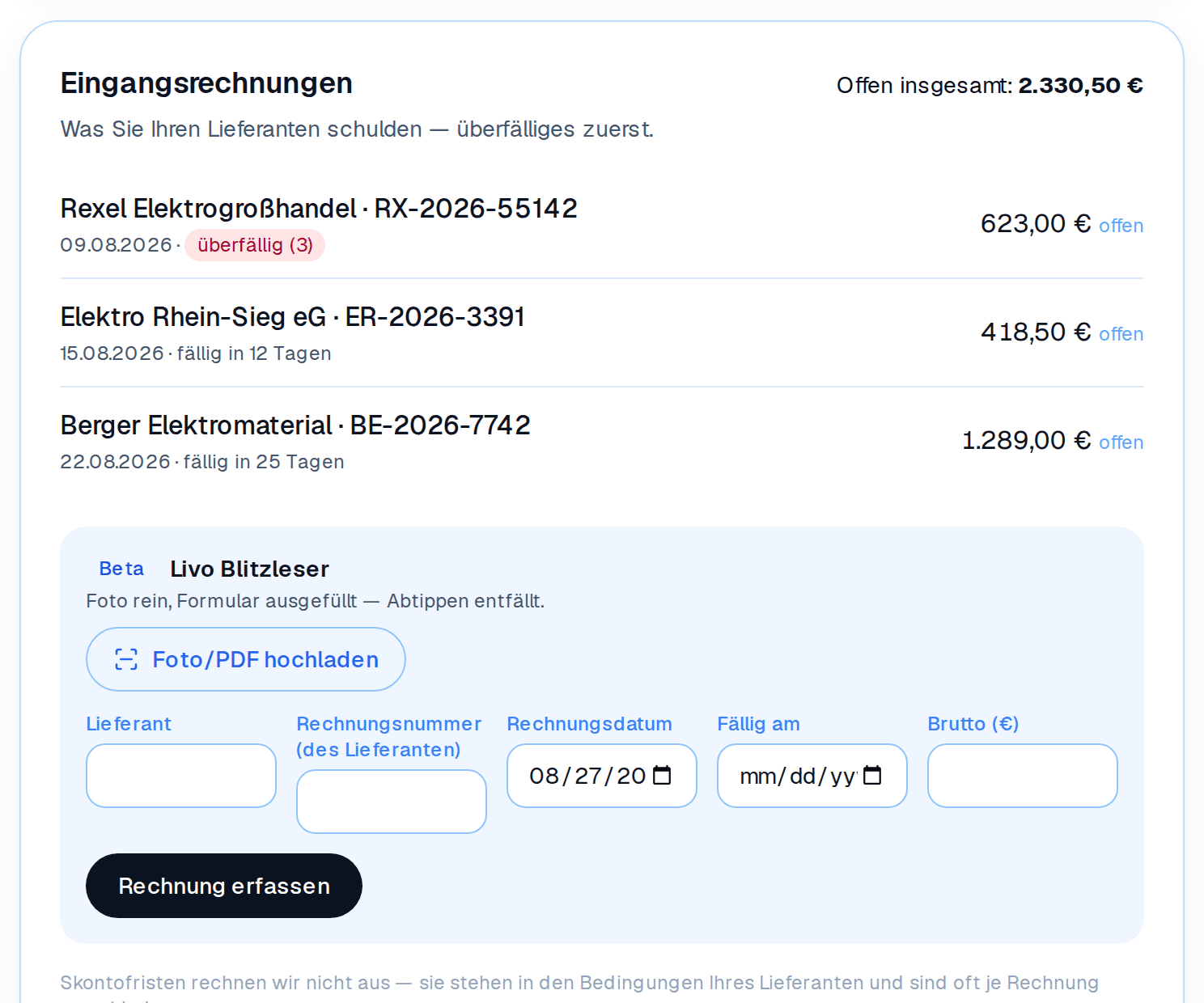 Eingangsrechnungen mit Foto-Erfassung: Lieferant, Rechnungsnummer, Datum, Fälligkeit und Bruttobetrag eintragen