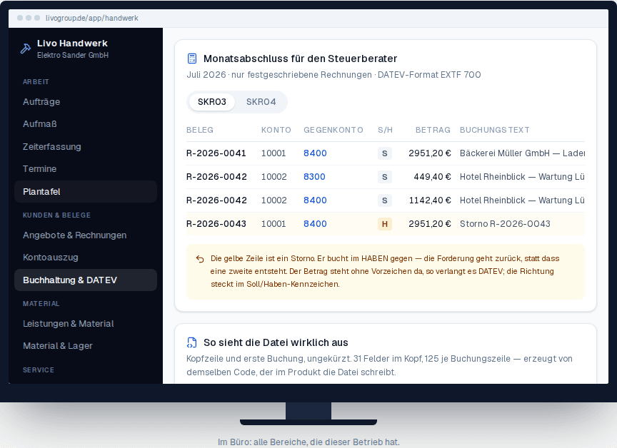 DATEV-Monatsabschluss von Livo Handwerk, Ansicht Buchhaltung