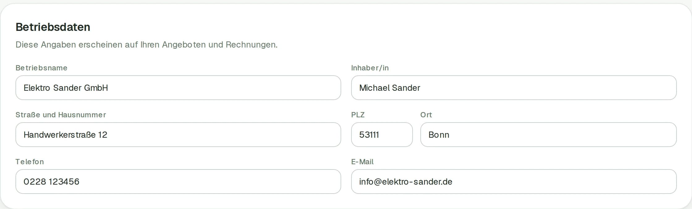 Betriebsdaten-Formular mit Betriebsname, Inhaber, Adresse, Telefon und E-Mail