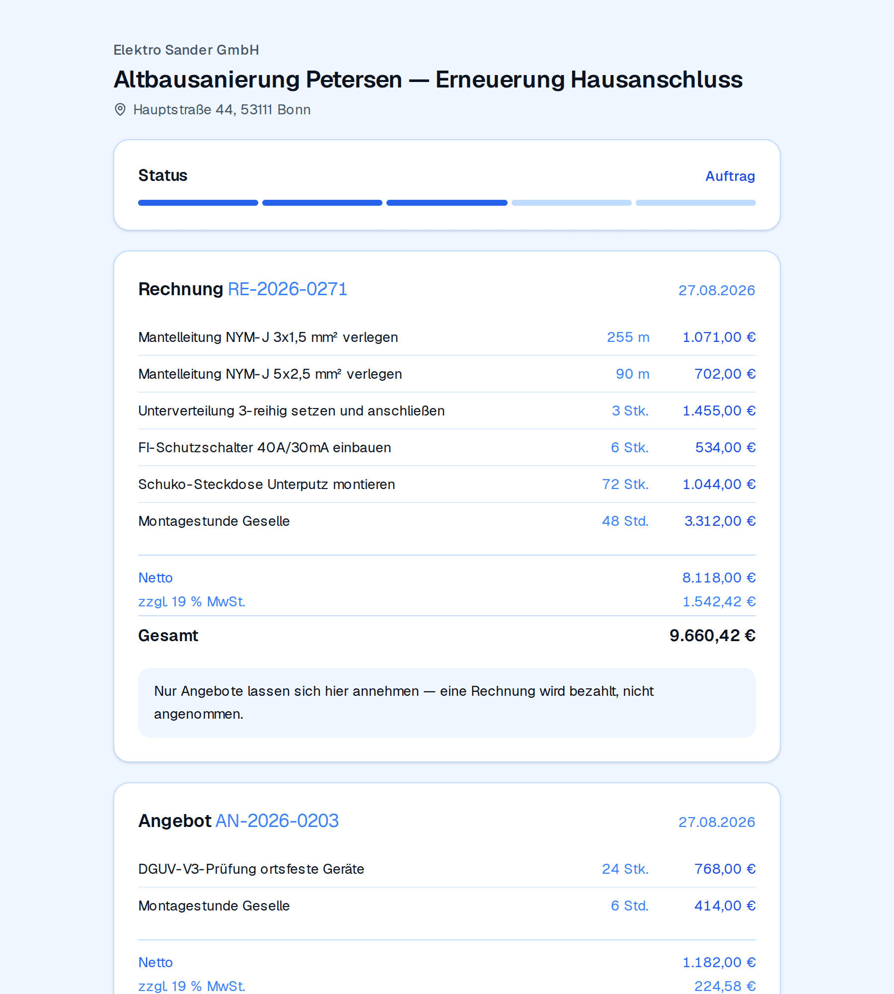 Angebotsseite kurz nach dem Öffnen: Positionen und Summe, bevor der Kunde sich entscheidet