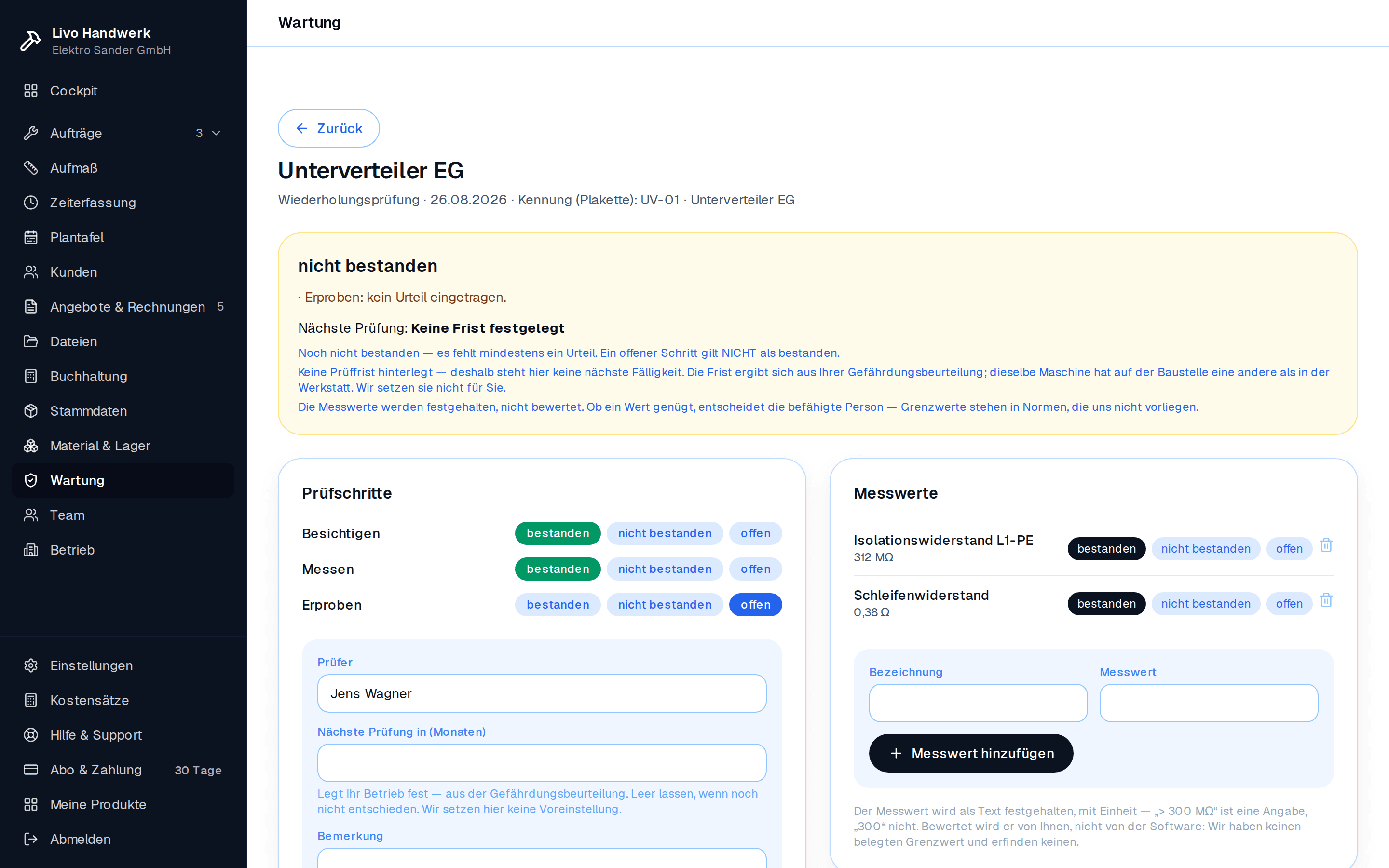 Prüfprotokoll eines Unterverteilers: Prüfschritte, Messwerte und Status („nicht bestanden“) auf einen Blick.