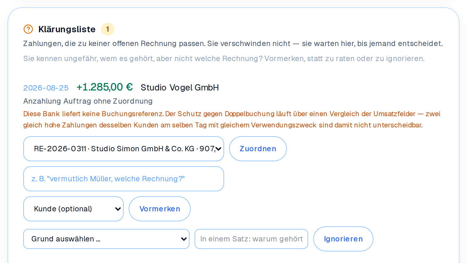 Klärungsliste: Zahlung mit unklarem Verwendungszweck, zuordnen, vormerken oder mit Grund ignorieren