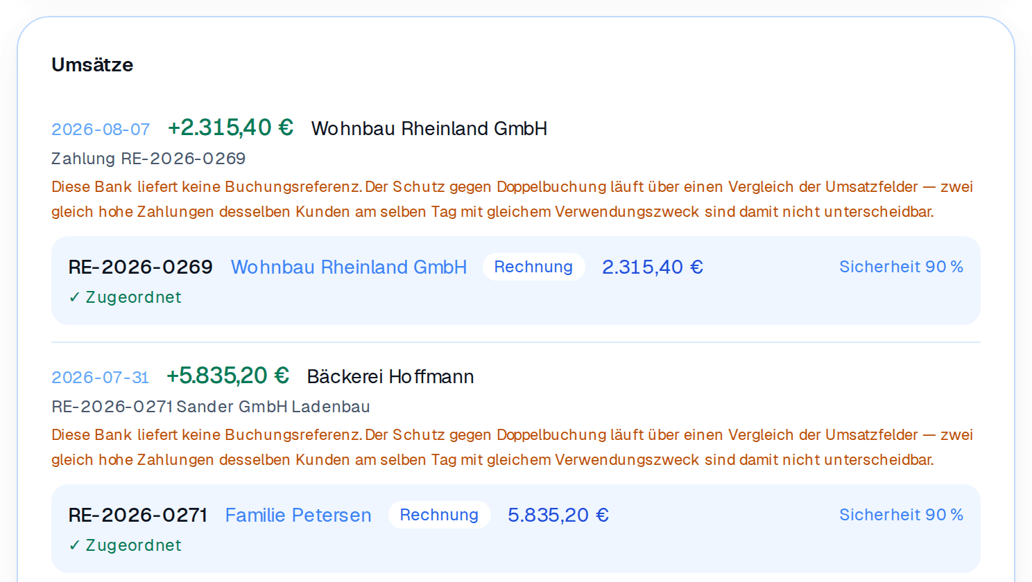 Vorschläge für offene Umsätze: Betrag, Gegenpartei und die passende Rechnung zum Bestätigen