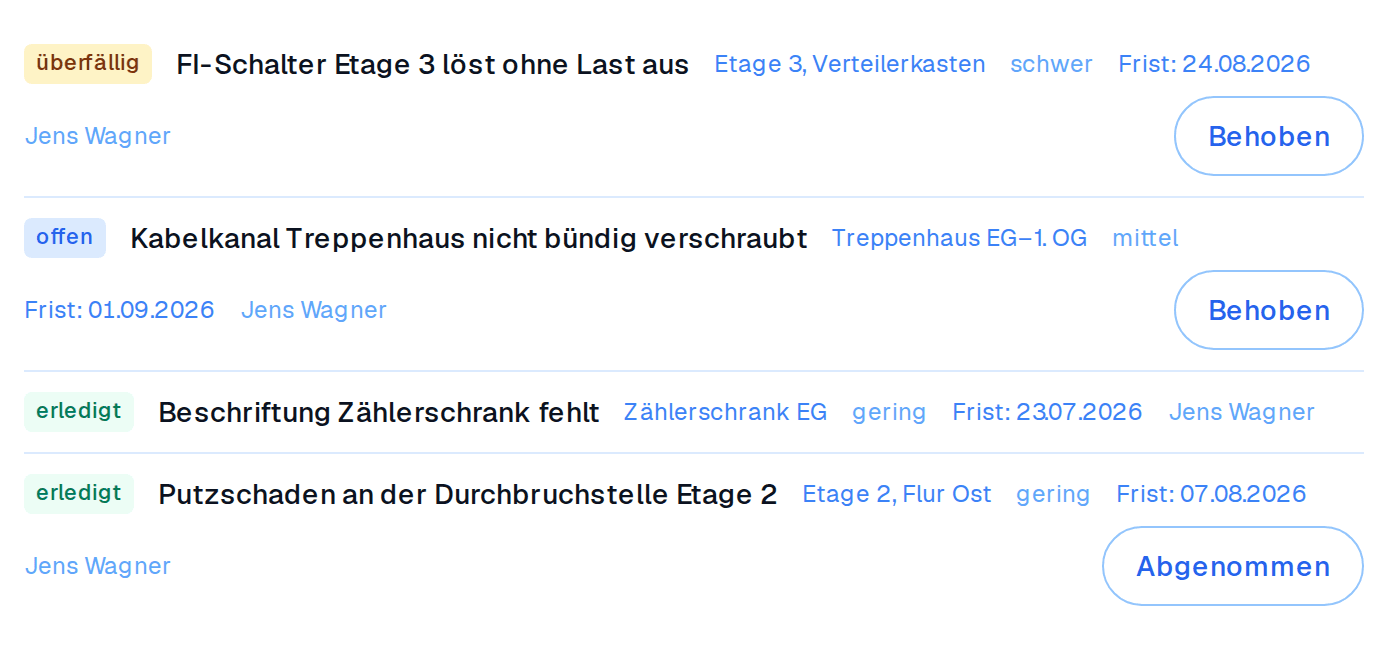 Mängelliste im Auftrag: Zustand, Ort, Schweregrad, Frist und Verantwortlicher je Mangel