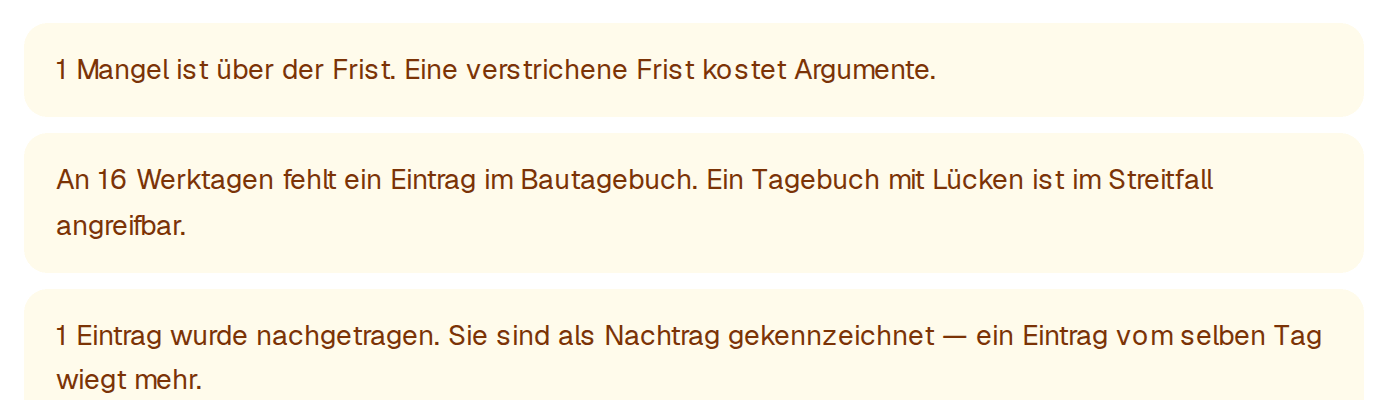Lücken-Warnung auf der Auftragsseite: An mehreren Werktagen fehlt ein Bautagebuch-Eintrag