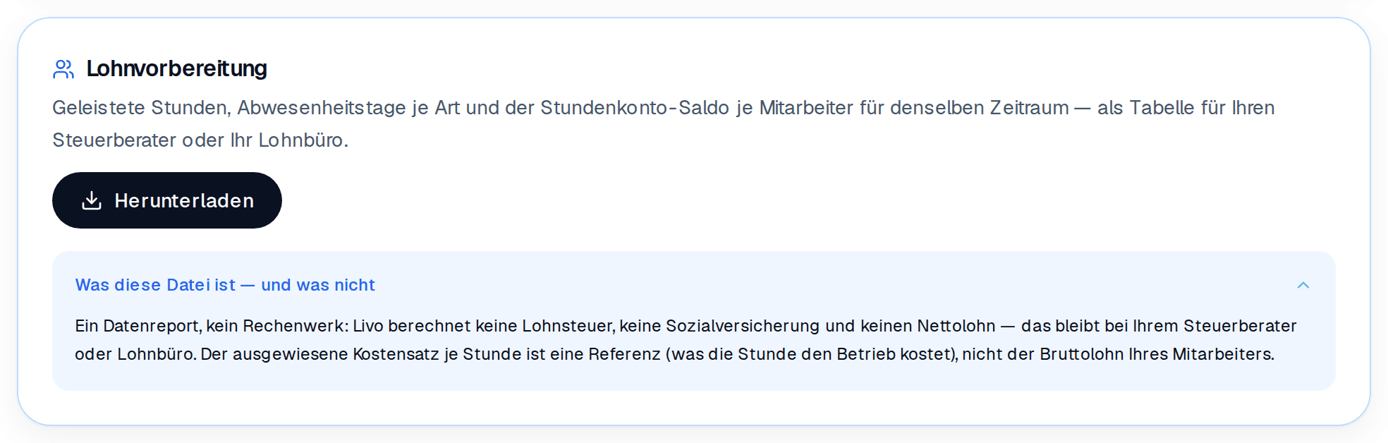 Lohnvorbereitung als Download: Stunden, Abwesenheiten und Stundenkonto-Saldo je Zeitraum