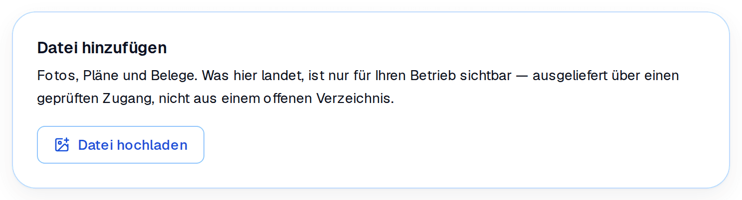 Hochladen-Kasten mit dem Hinweis auf den geprüften Zugang
