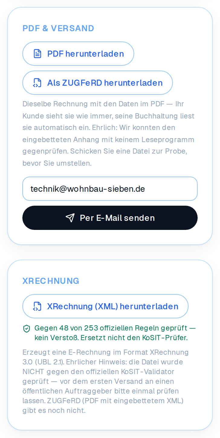 PDF-Versand mit ZUGFeRD-Option und die XRechnung-Karte mit Regelprüfung