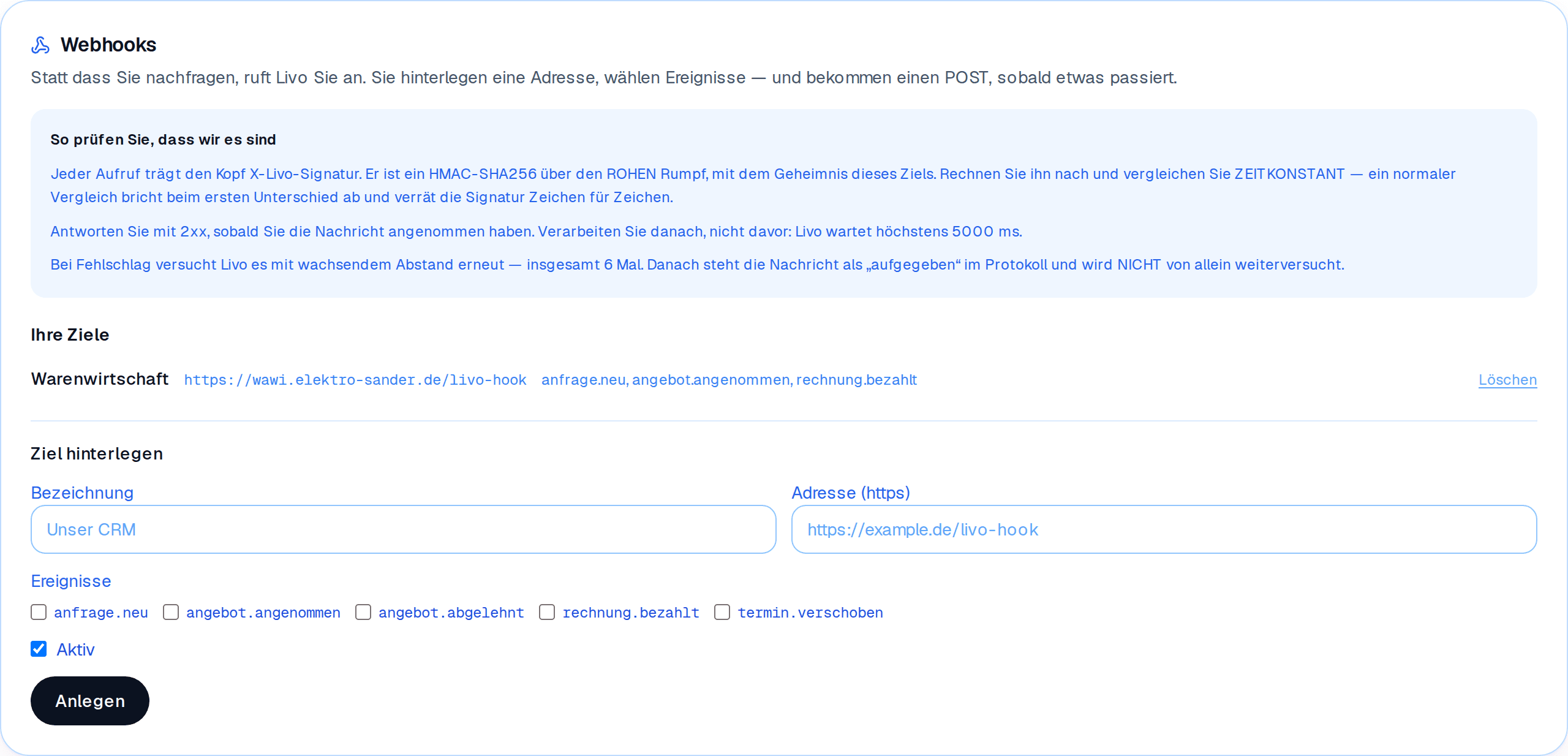 Webhooks im Betrieb: ein hinterlegtes Ziel für die eigene Warenwirtschaft samt Signaturprüfung