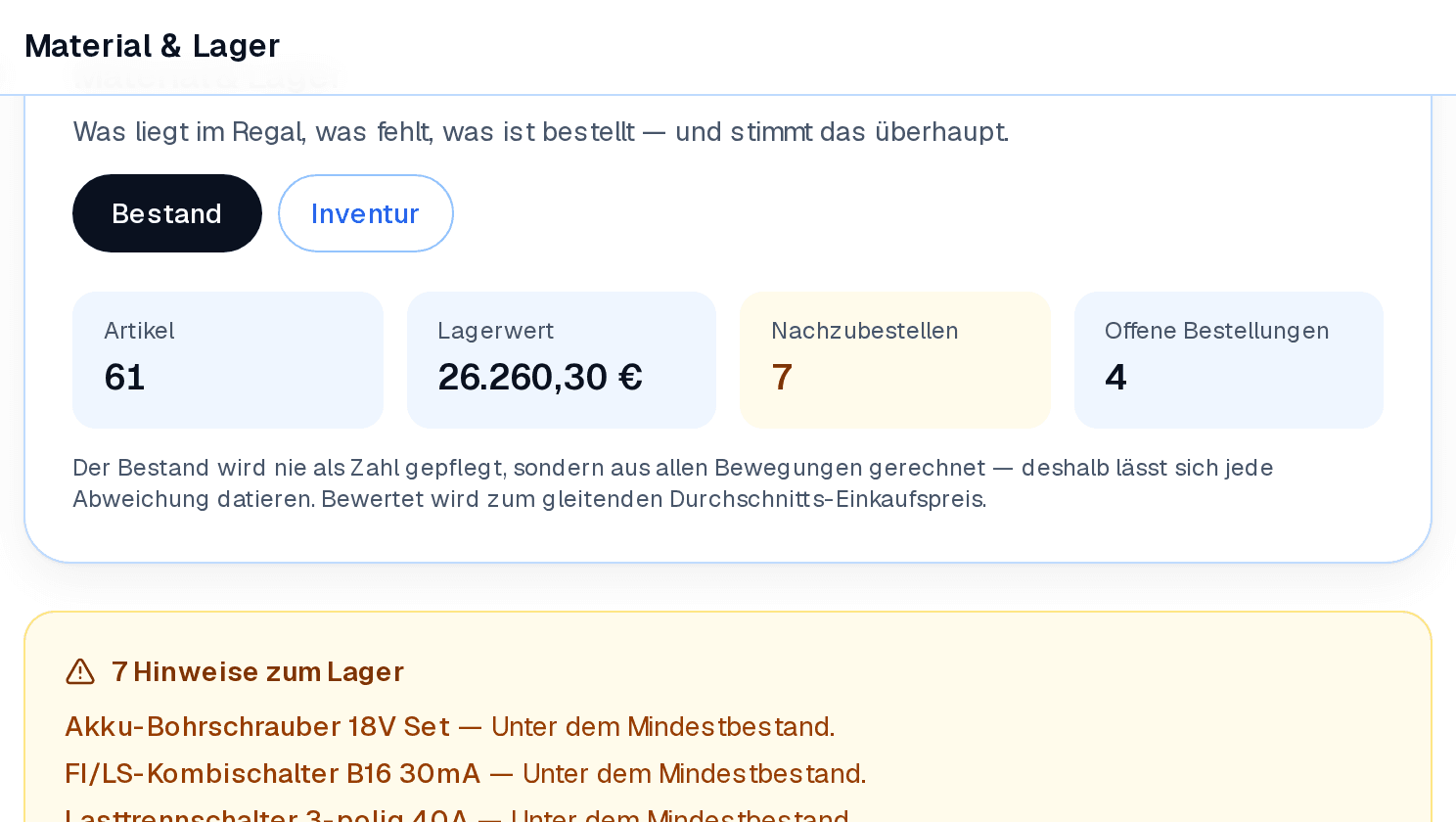 Bestand und Inventur als zwei Ansichten, mit Artikelanzahl, Lagerwert und offenen Bestellungen als Kennzahl