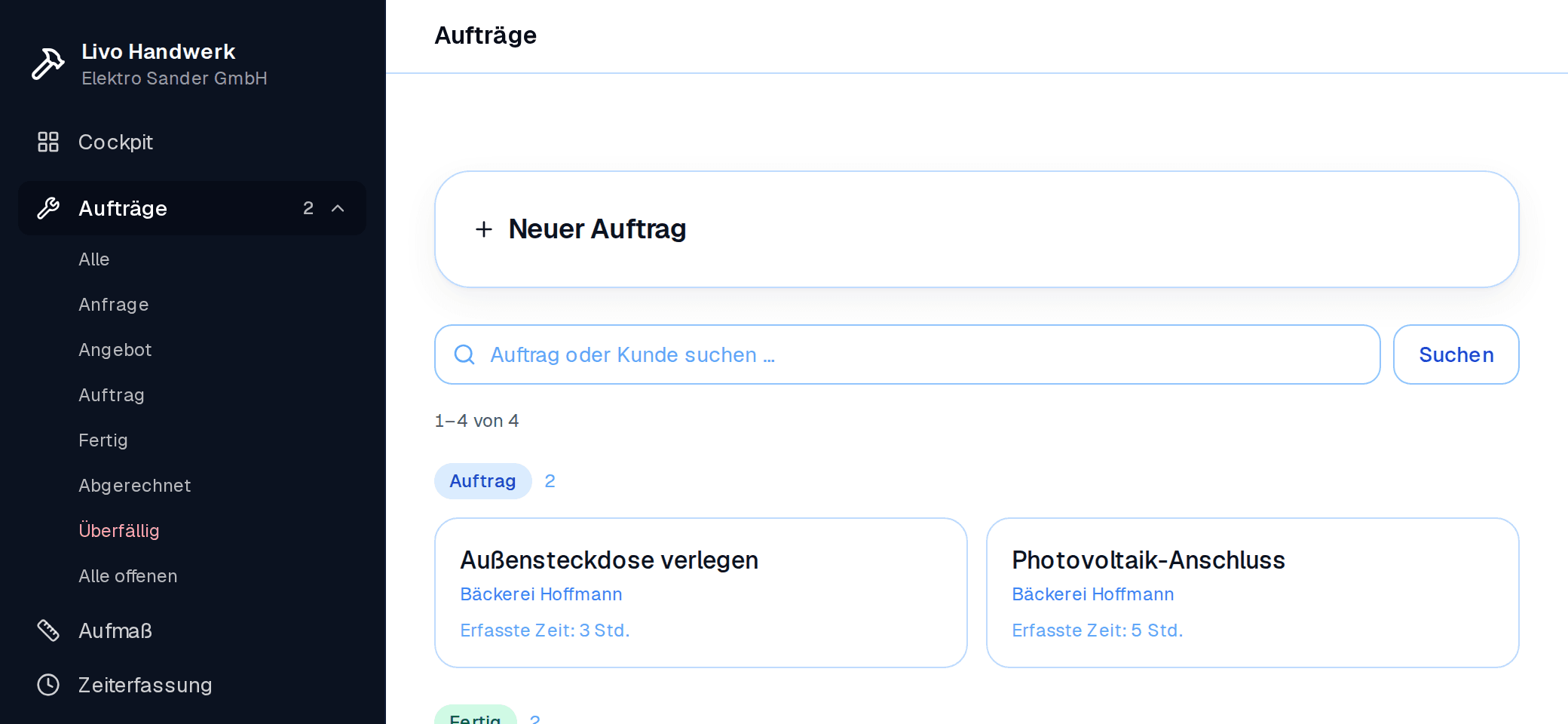 Vier Aufträge, vier Karten: jeder rechnet für sich, keine Sammelzahl über den Betrieb