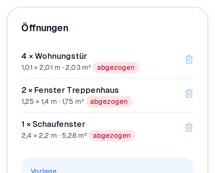 Eine Öffnung eintragen: Art, Breite, Höhe — mit abweichendem Maß für die Laibung