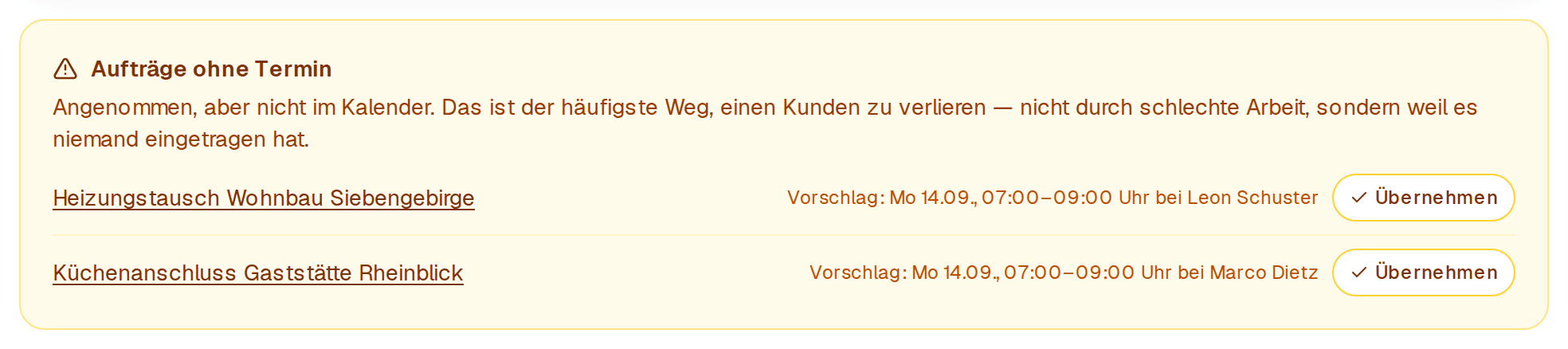 Aufträge ohne Termin, mit Vorschlag für die nächste freie Lücke je Auftrag