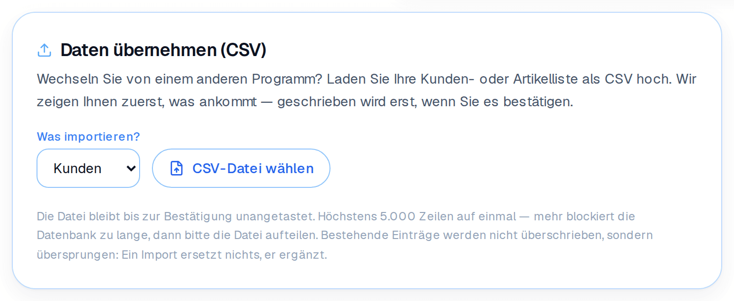 CSV-Import für Kunden oder Artikel: erst eine Vorschau, geschrieben wird erst nach Bestätigung