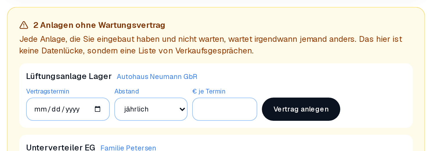 Zwei Anlagen ohne Wartungsvertrag, mit Kunde — direkt zum Vertrag anlegen