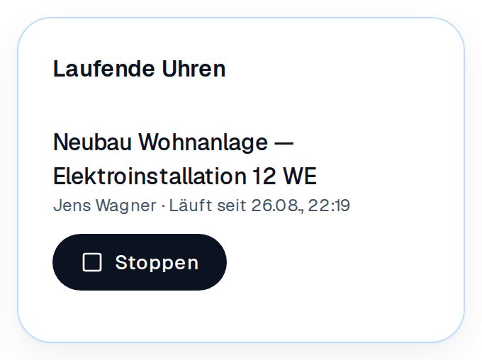 Laufende Uhr auf der Startseite, mit Projektname und gestarteter Zeit.